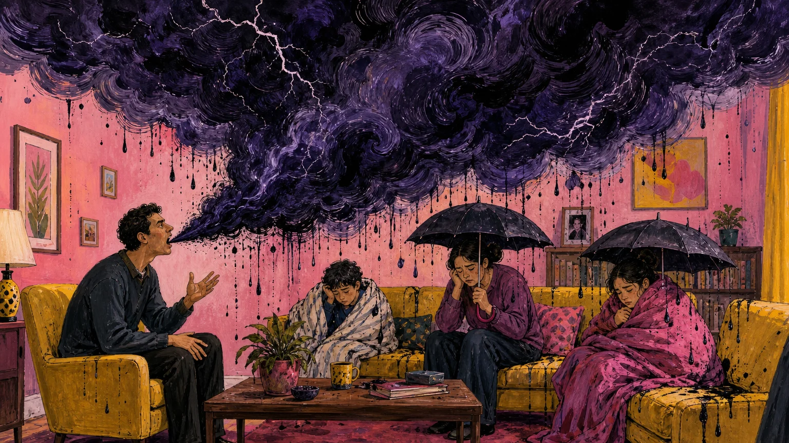 An illustration of a person speaking and a large storm cloud coming out of their mouth, raining on their family.