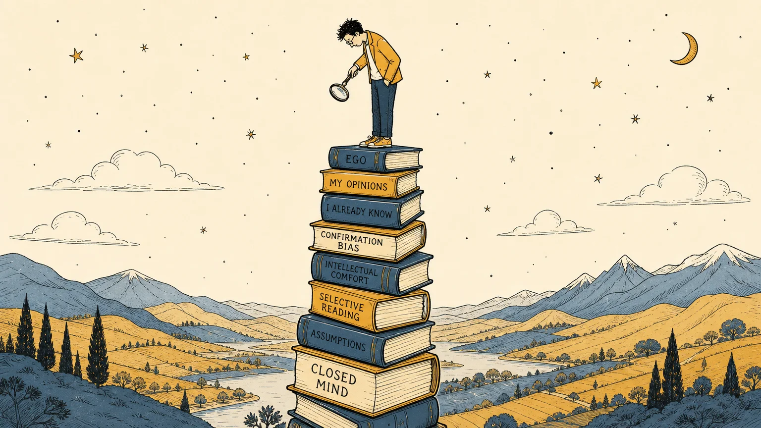 An illustration of a person standing on a tall stack of books, looking down at themselves with a magnifying glass instead of the vast sky.