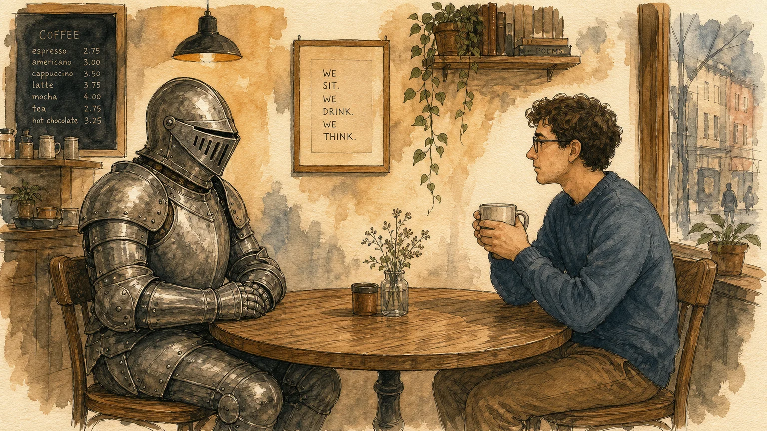 An illustration of a person wearing a full suit of armor while sitting at a coffee shop table with a friend, representing avoided vulnerabil