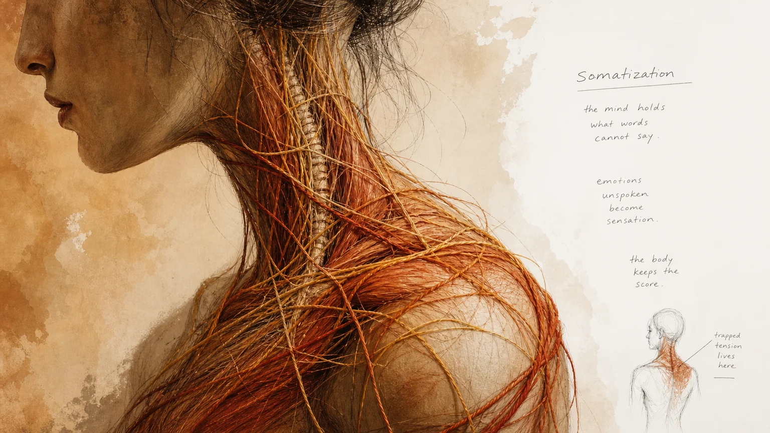 An illustration of a shoulder and neck with tight orange and red threads woven through the muscles, representing somatic tension.
