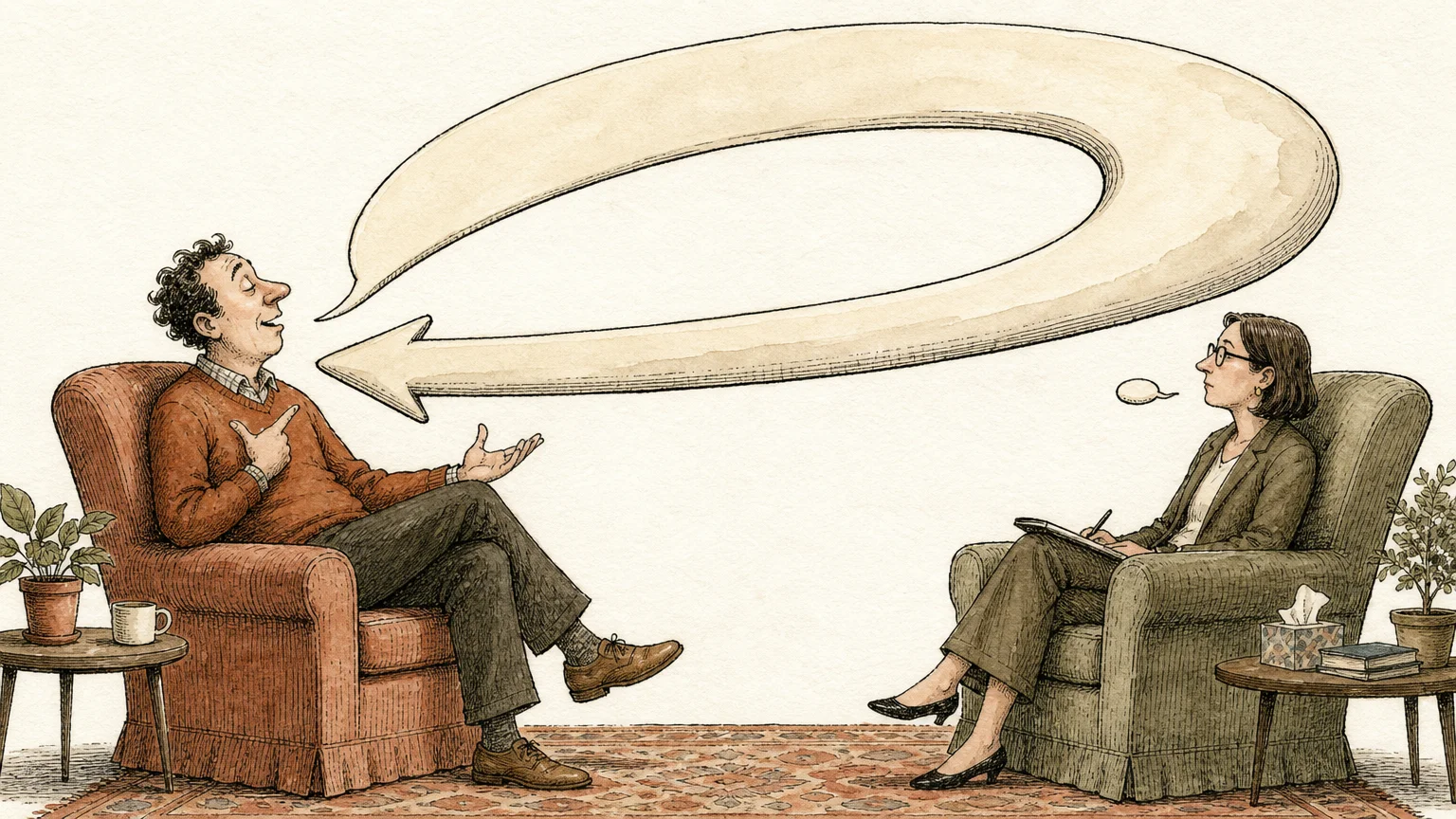 An illustration of a speech bubble looping back like a boomerang to point at the speaker, symbolizing conversational narcissism.