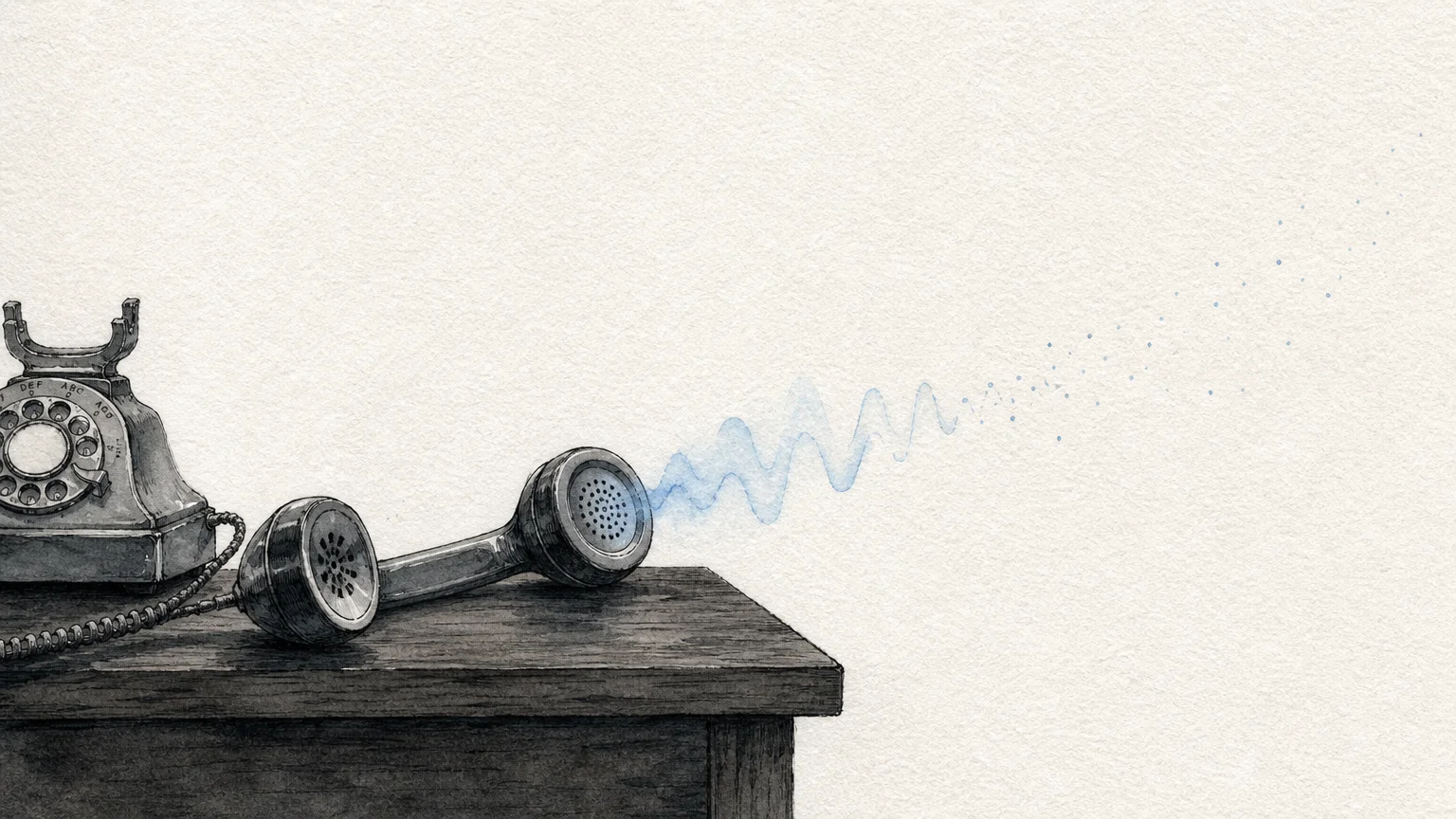An illustration of a telephone receiver with fading, shrinking watercolor soundwaves, representing a softening voice.