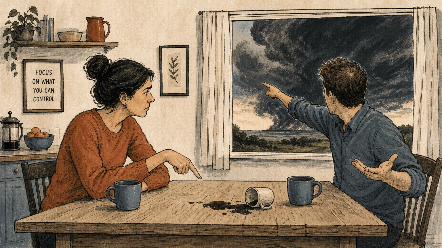 An illustration of one person pointing at a small coffee spill on a table while the other points out the window to a massive storm cloud.