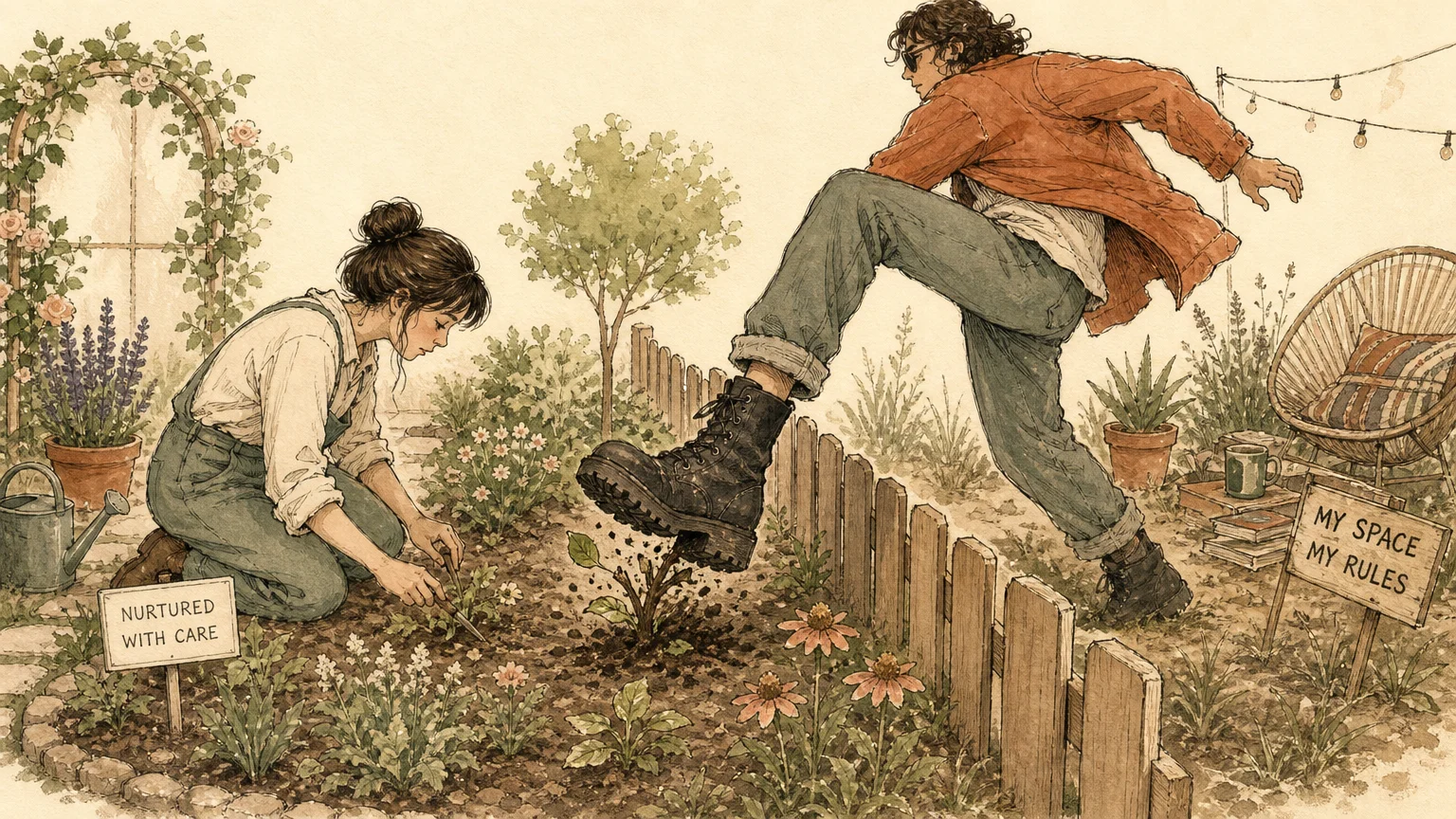 An illustration of someone stepping over a low fence directly into another person's delicate garden, representing crossed boundaries.