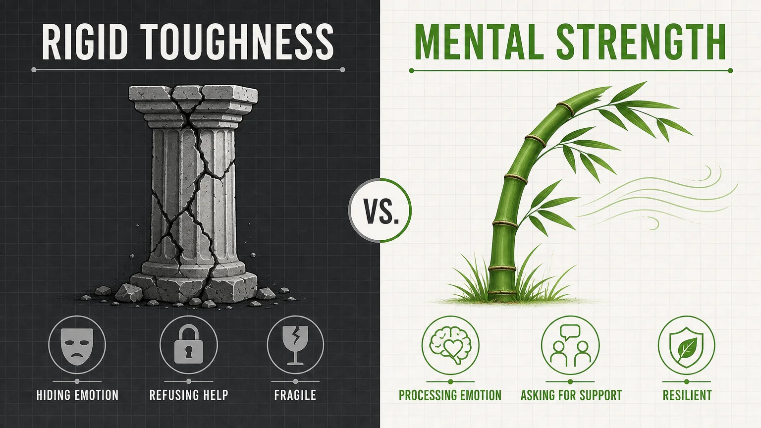 An infographic comparing rigid toughness (a cracked pillar) with mental strength (bending bamboo).