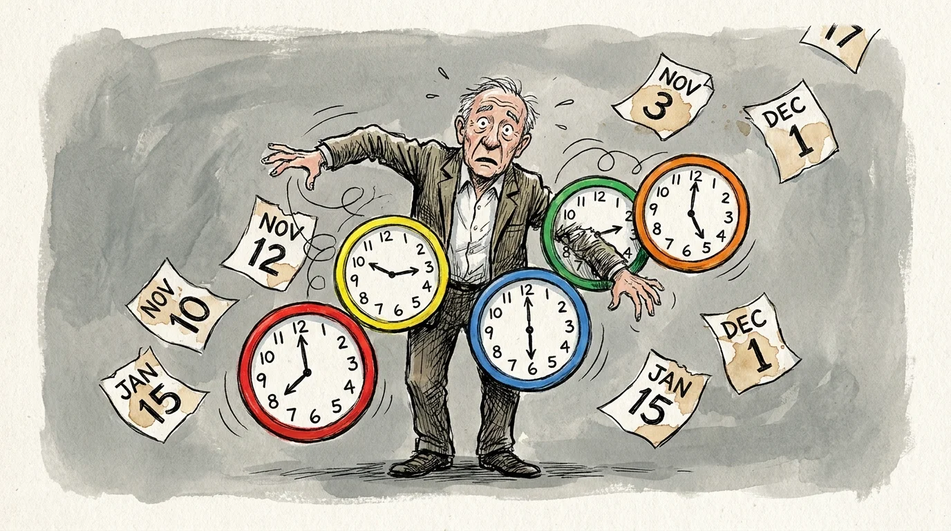 An ink and gouache illustration of an older man struggling to juggle multiple slipping clocks and loose calendar pages.