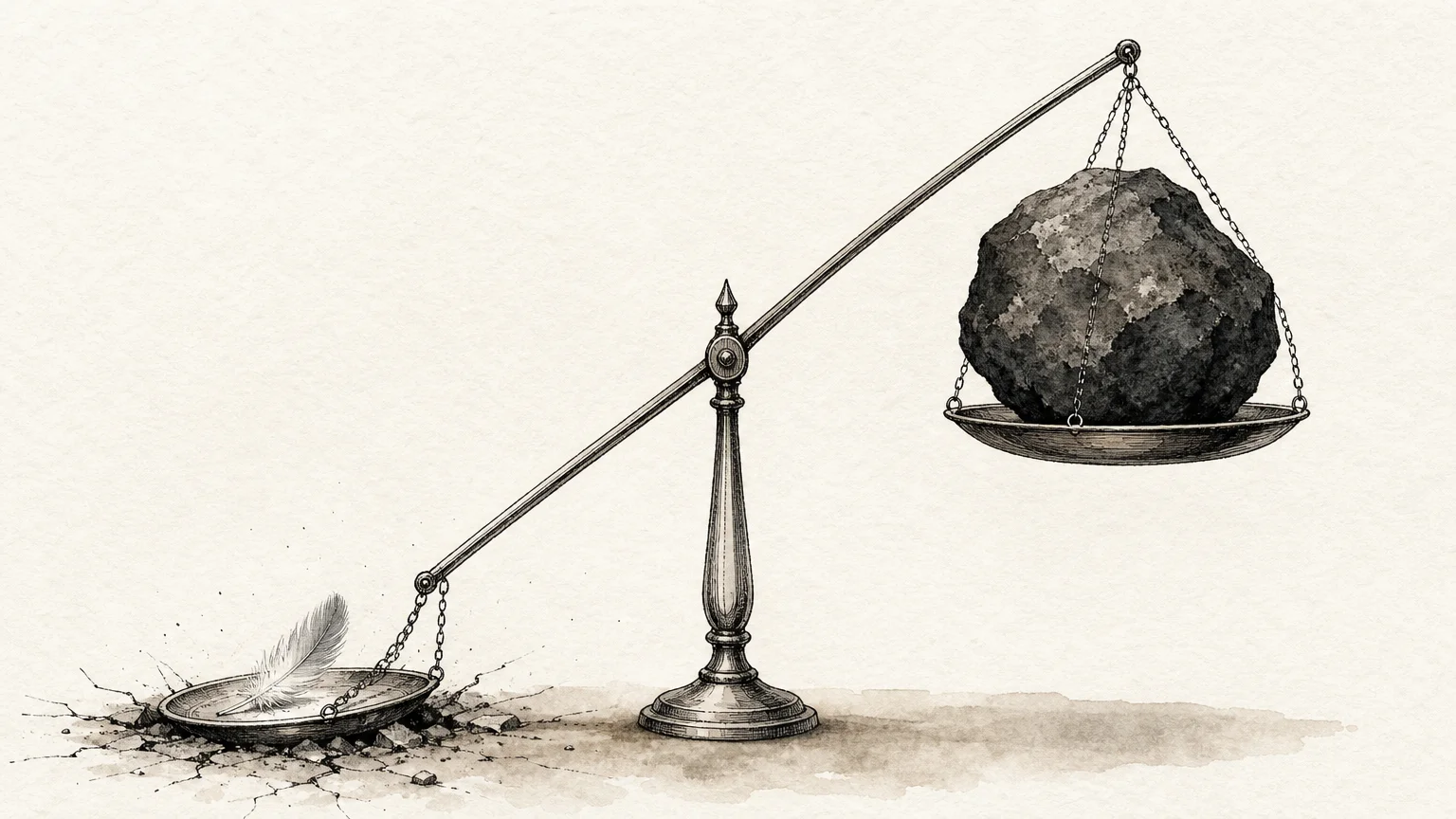 An ink and watercolor illustration of a balance scale where a single feather weighs down a massive, floating boulder.
