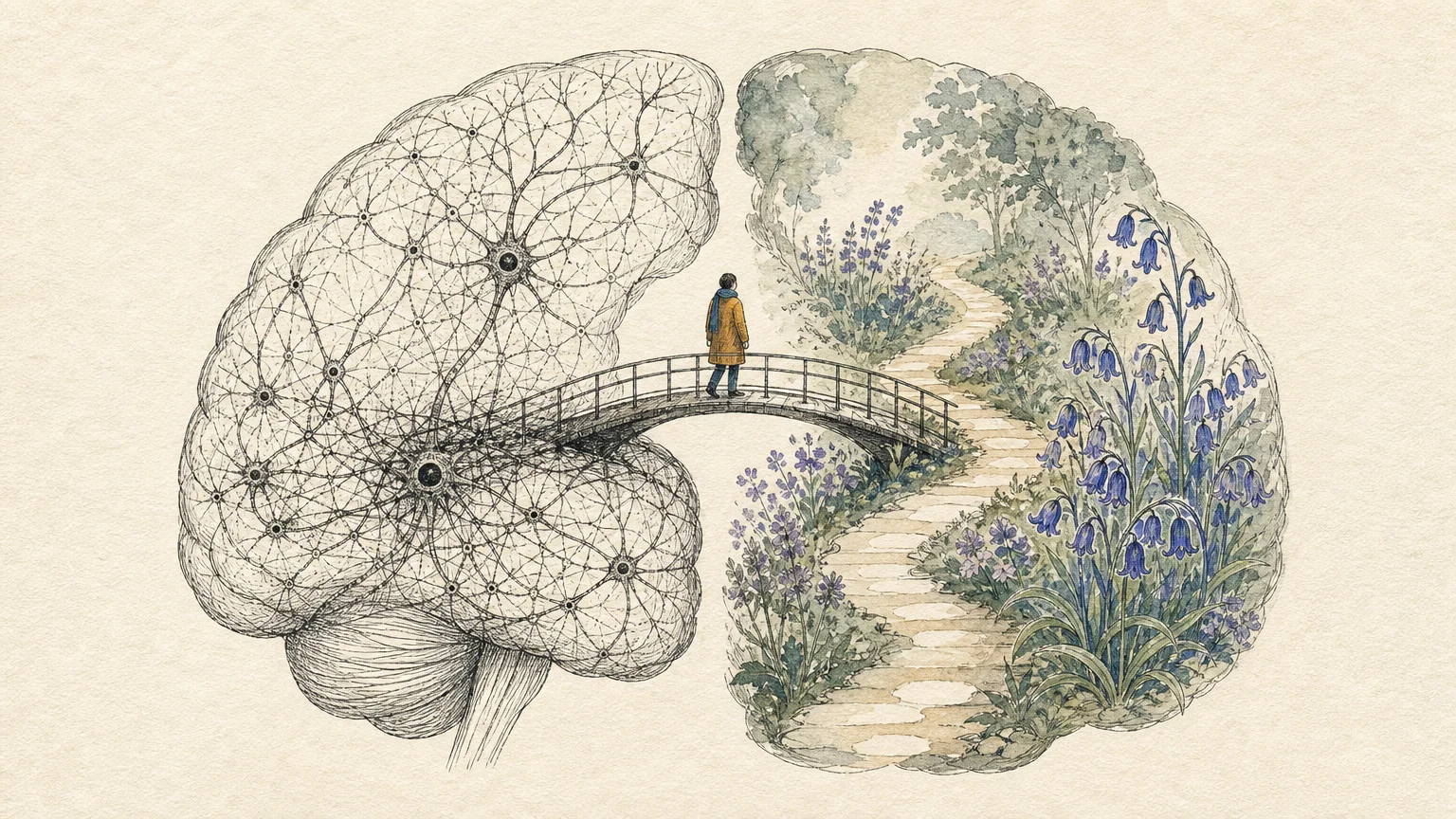 An ink and watercolor illustration of a brain transitioning into a garden path, representing the link between neurology and mental health.