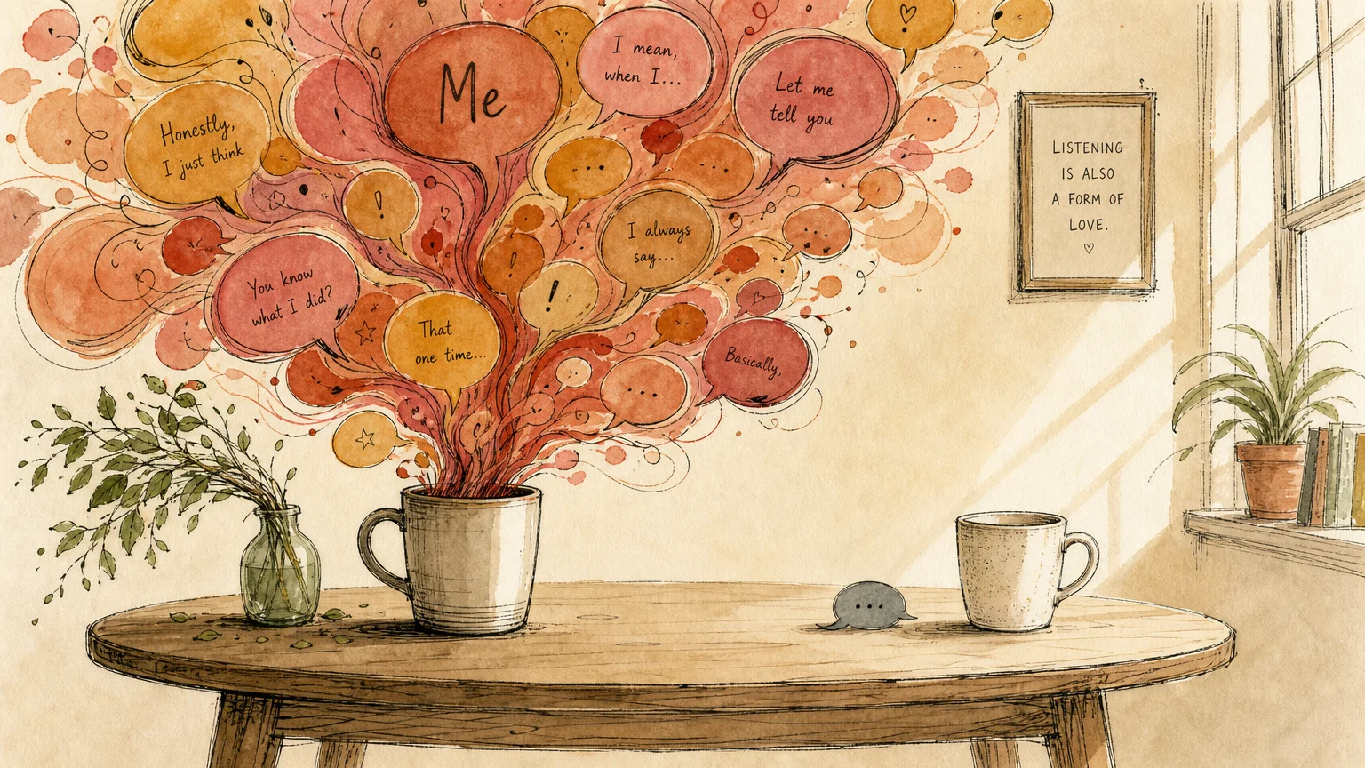 An ink and watercolor illustration of a coffee table where one mug erupts with speech bubbles, crowding out a single small bubble from the o