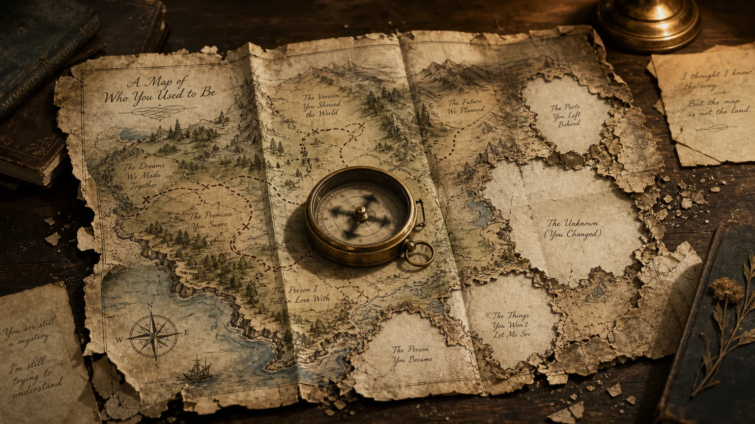 An ink and watercolor illustration of a crumbling, vintage folding map with a spinning compass on a wooden table.