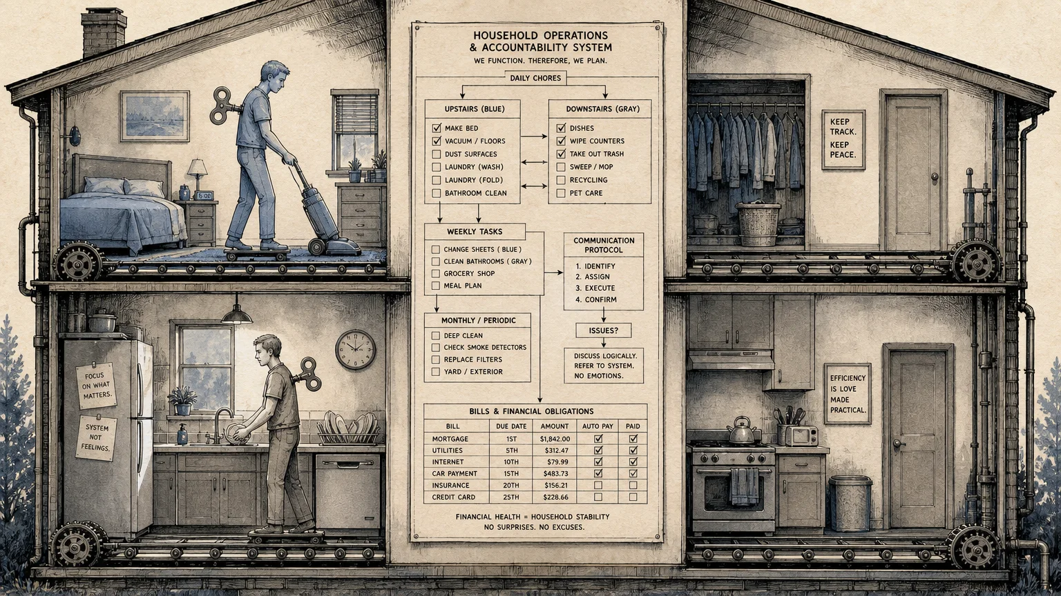 An ink and watercolor illustration of a house cross-section where a couple lives on separate tracks, dominated by a large chore calendar.