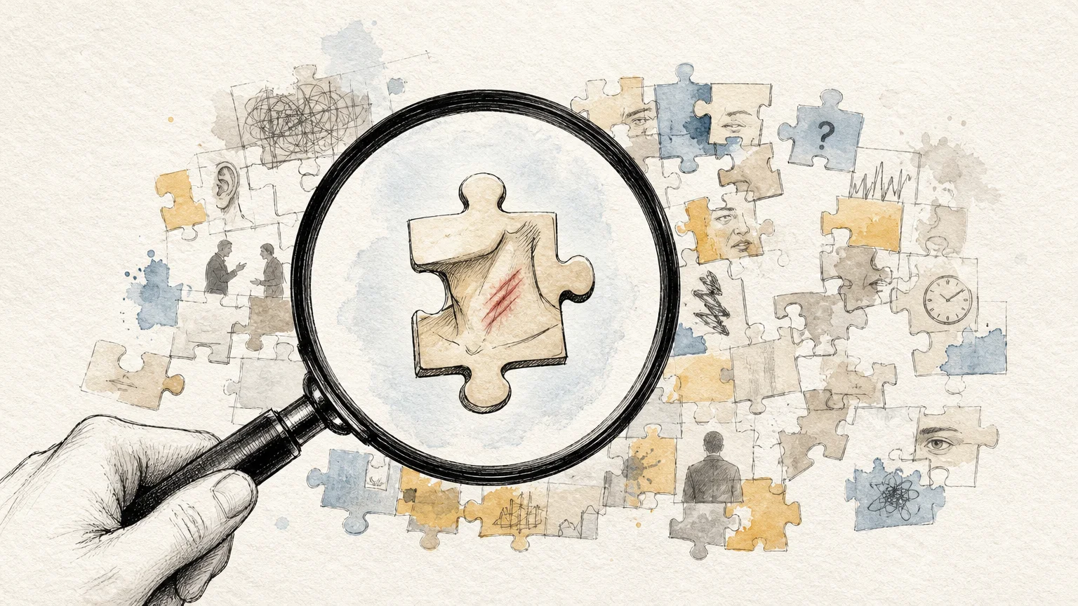 An ink and watercolor illustration of a magnifying glass focusing on a single puzzle piece, showing the mistake of isolating cues.