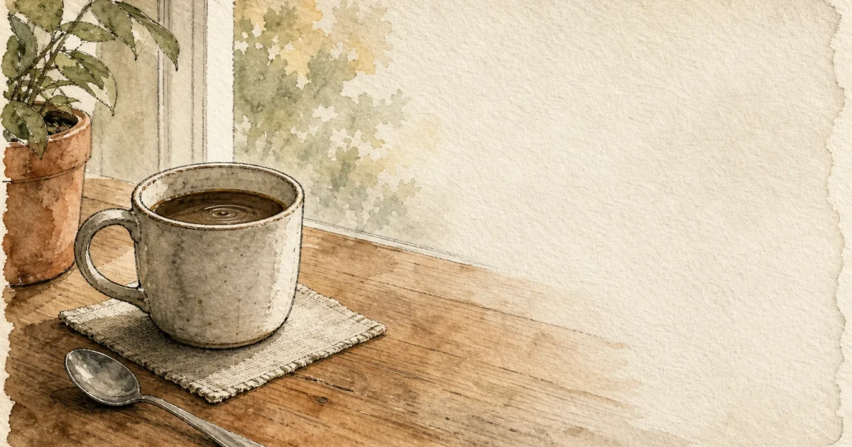 An ink and watercolor illustration of a morning coffee cup on a wooden table with a gentle ripple, symbolizing subtle early changes.