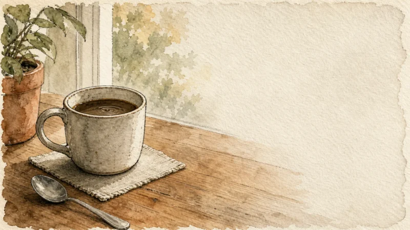 An ink and watercolor illustration of a morning coffee cup on a wooden table with a gentle ripple, symbolizing subtle early changes.