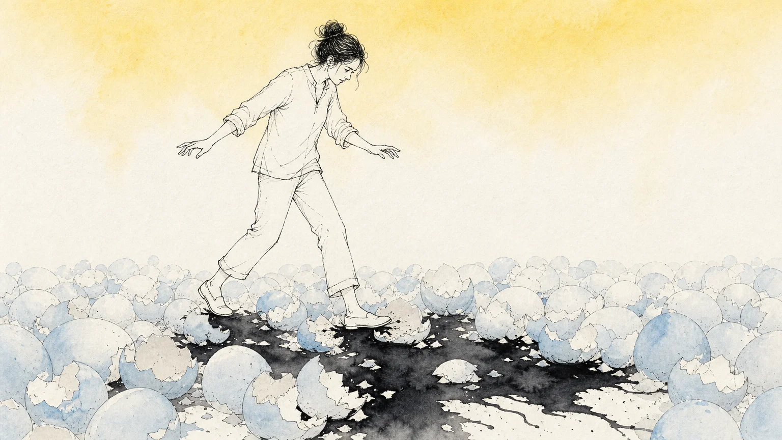 An ink and watercolor illustration of a person carefully walking on a floor of fragile, cracked eggshells over a dark pool of ink.