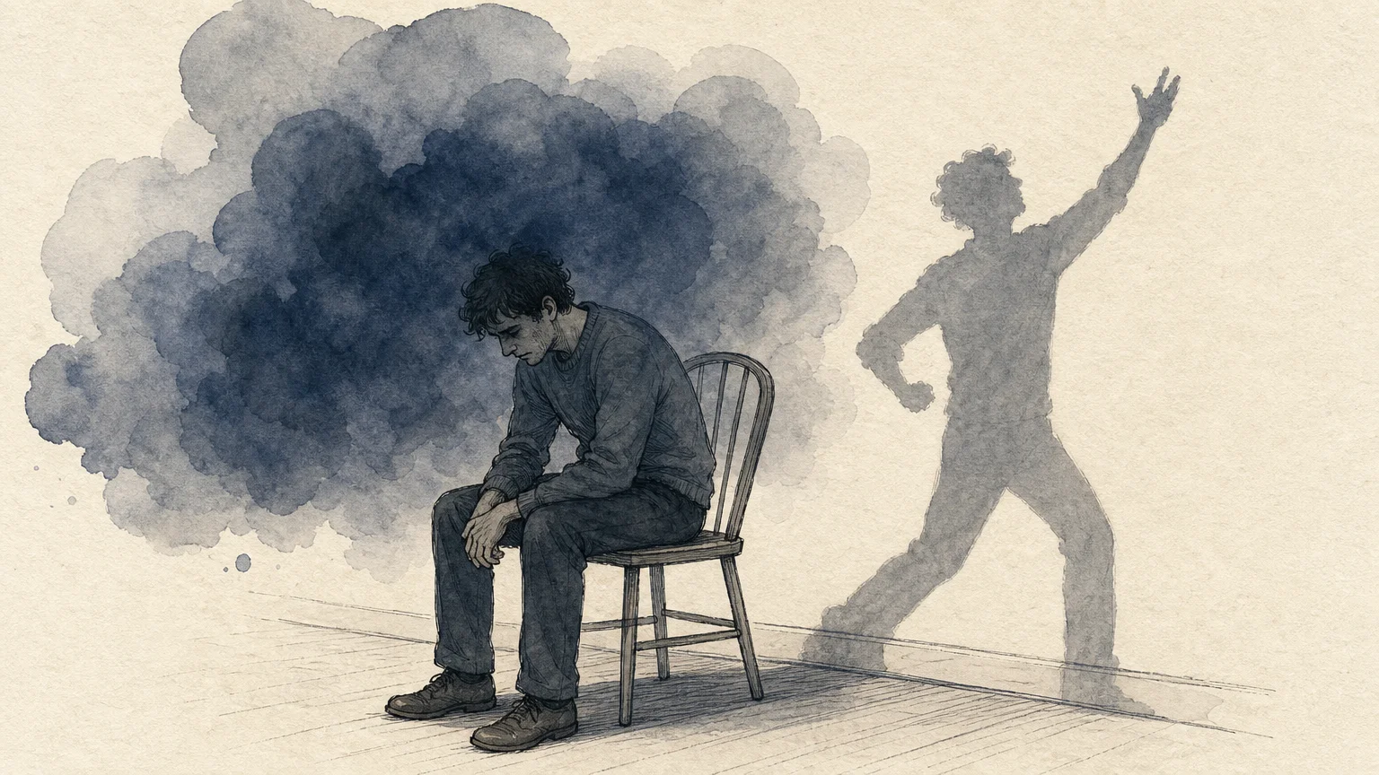 An ink and watercolor illustration of a person enveloped in a cool blue cloud, with their shadow showing a different, active posture.