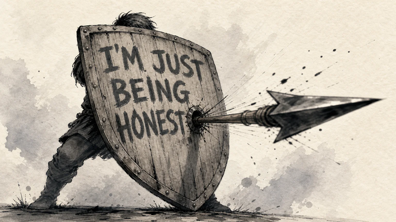 An ink and watercolor illustration of a person hiding behind a wooden shield labeled 'I'm just being honest' while firing an arrow.