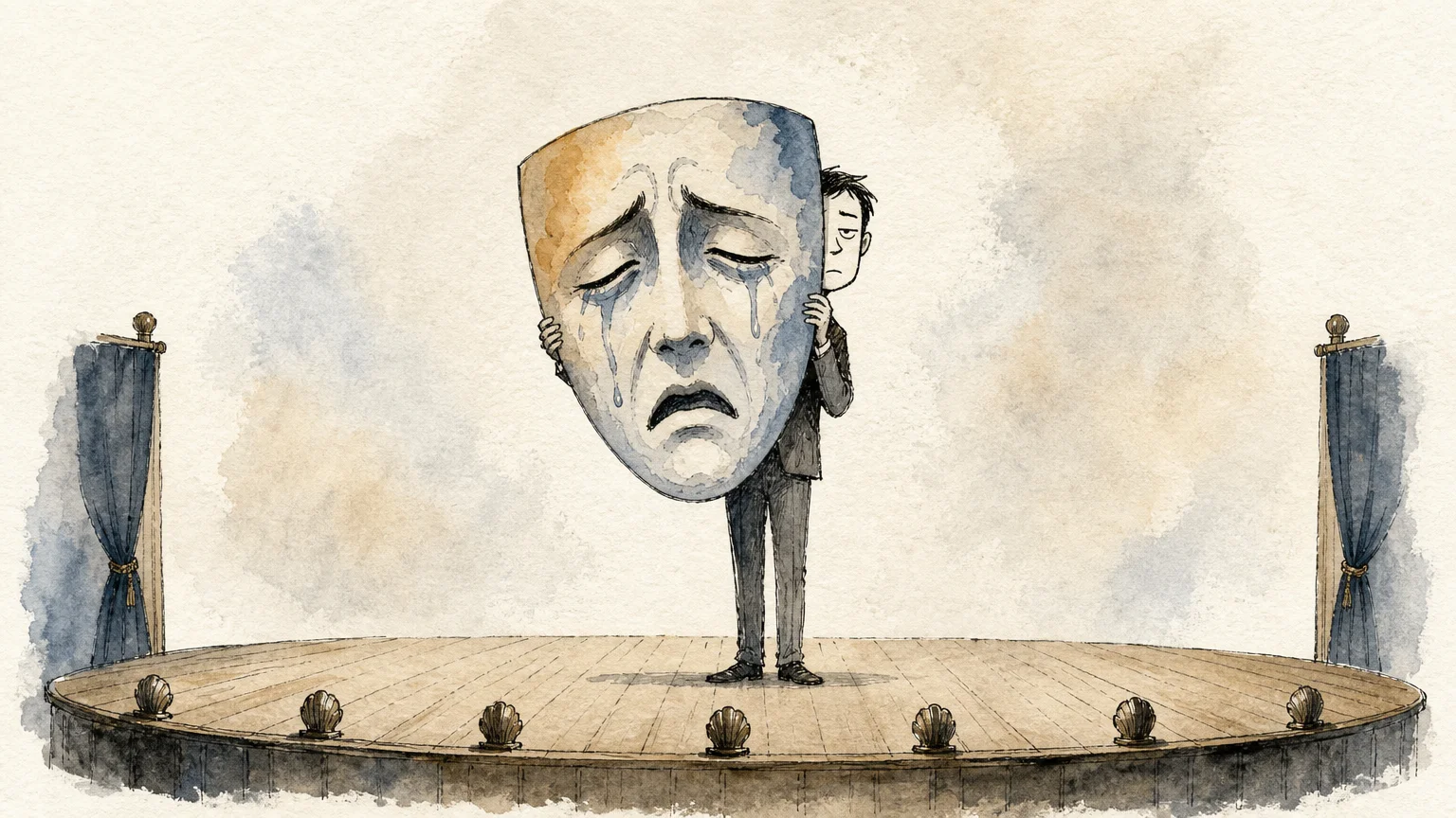 An ink and watercolor illustration of a person holding up a theatrical, sympathetic mask while looking bored behind it.