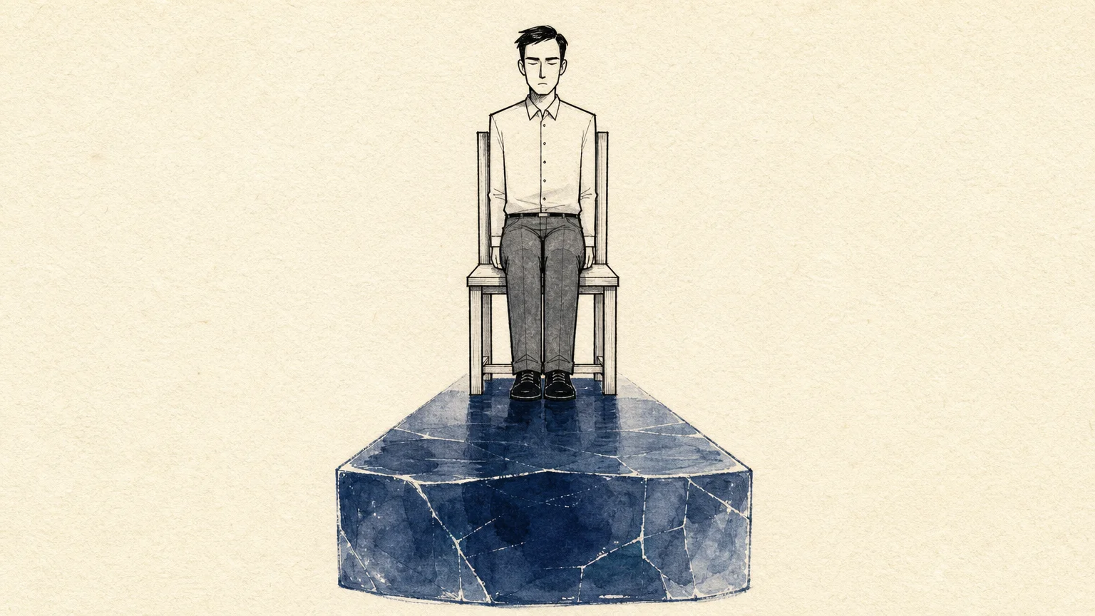 An ink and watercolor illustration of a rigid figure whose shadow is a solid block of ice, symbolizing frozen posture.
