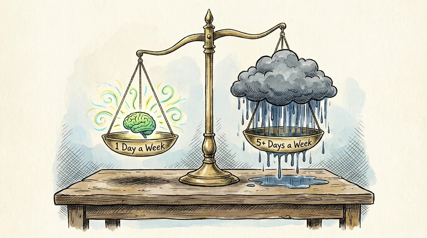 An ink and watercolor illustration of a scale balancing a glowing brain labeled '1 Day a Week' against a heavy storm cloud labeled '5+ Days