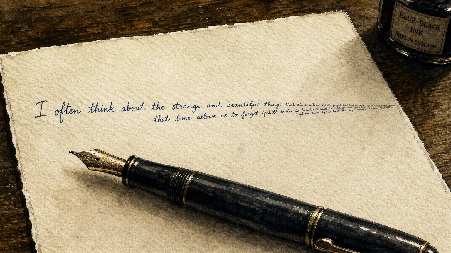 An ink and watercolor illustration of cursive handwriting that shrinks and becomes cramped as it moves across the page.