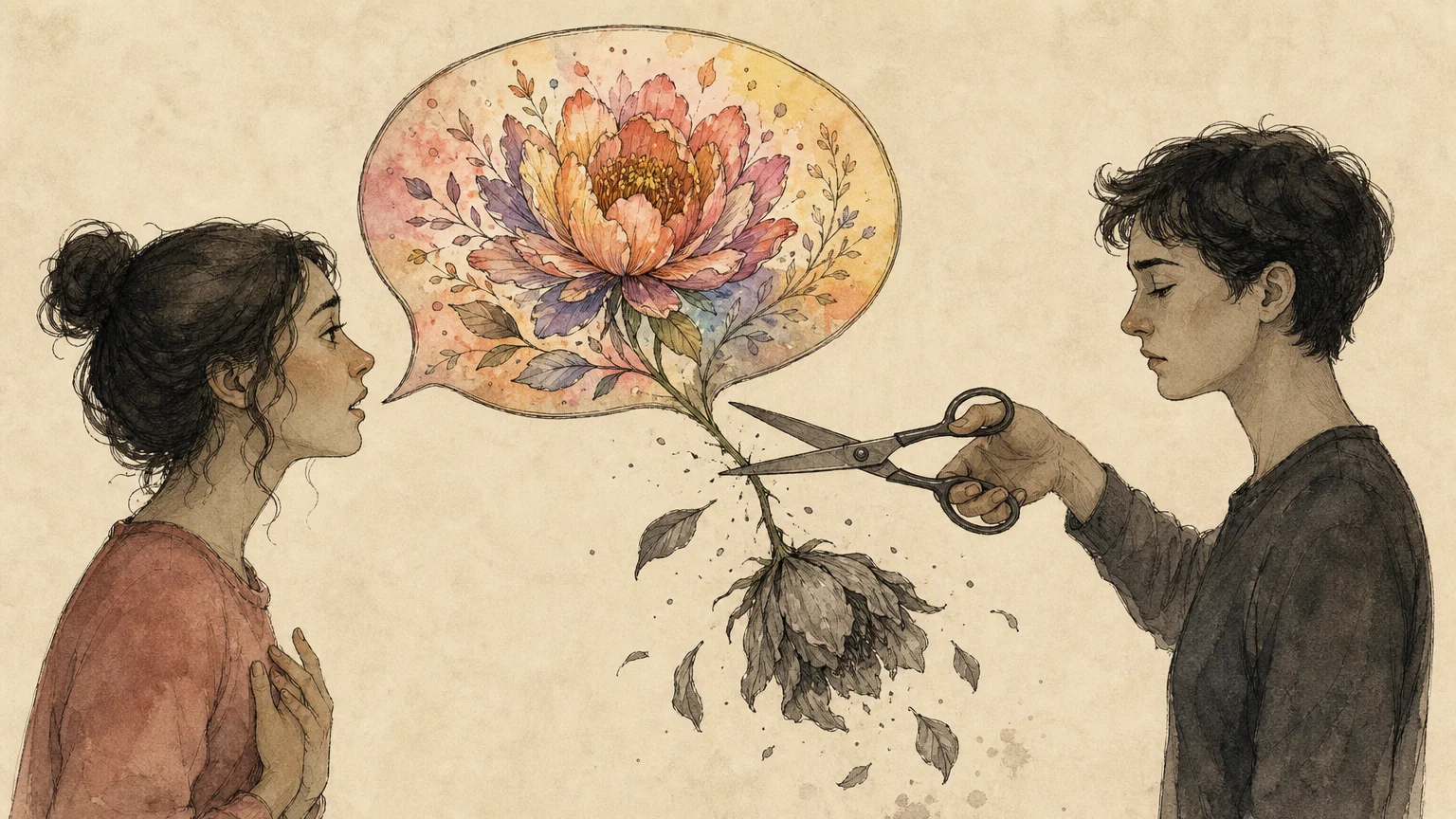 An ink and watercolor illustration of one person snipping a glowing flower bubble coming from another person, representing invalidation.