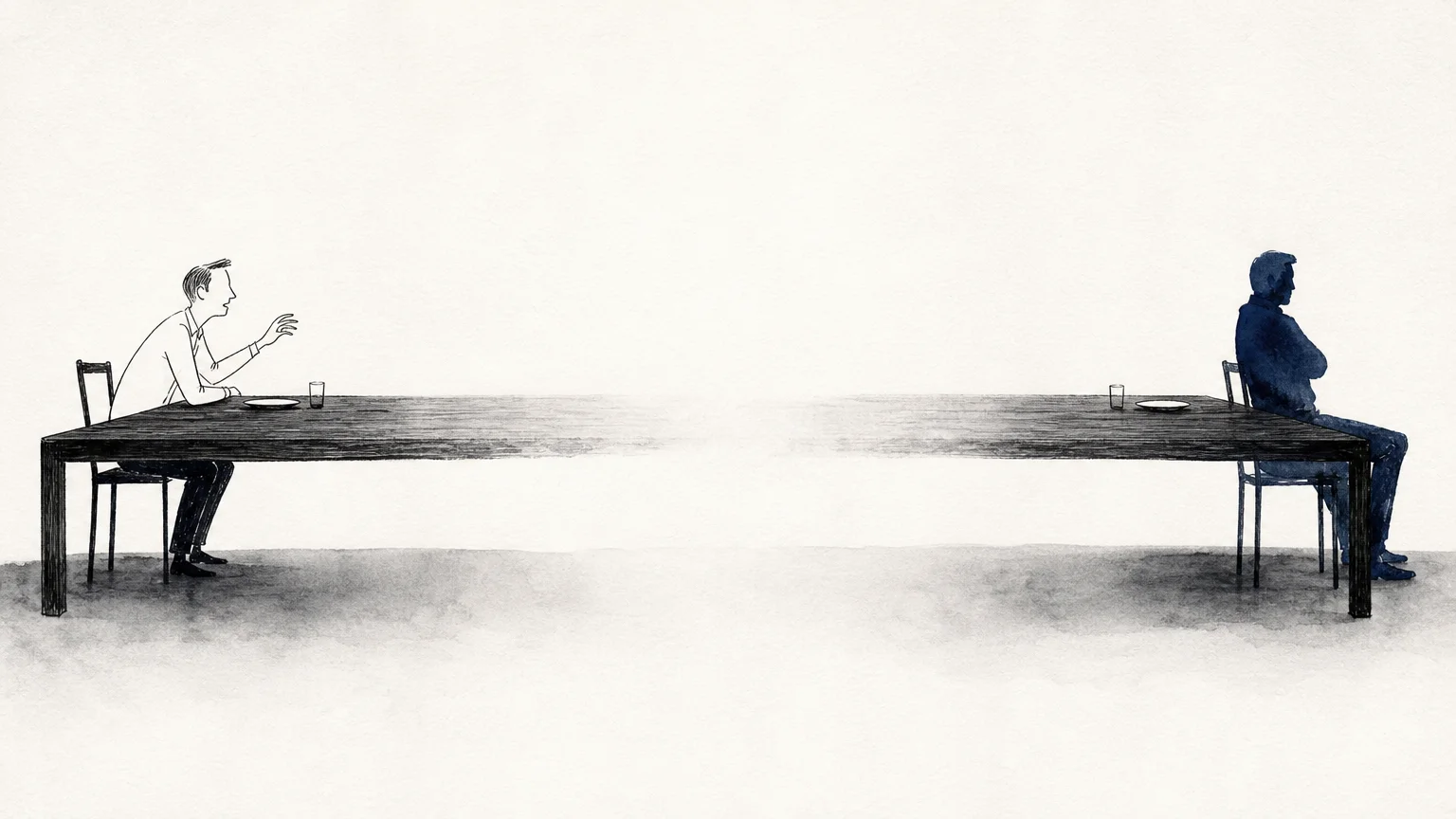An ink and watercolor illustration of two figures separated by an impossibly long dining table, depicting the cold distance of stonewalling.