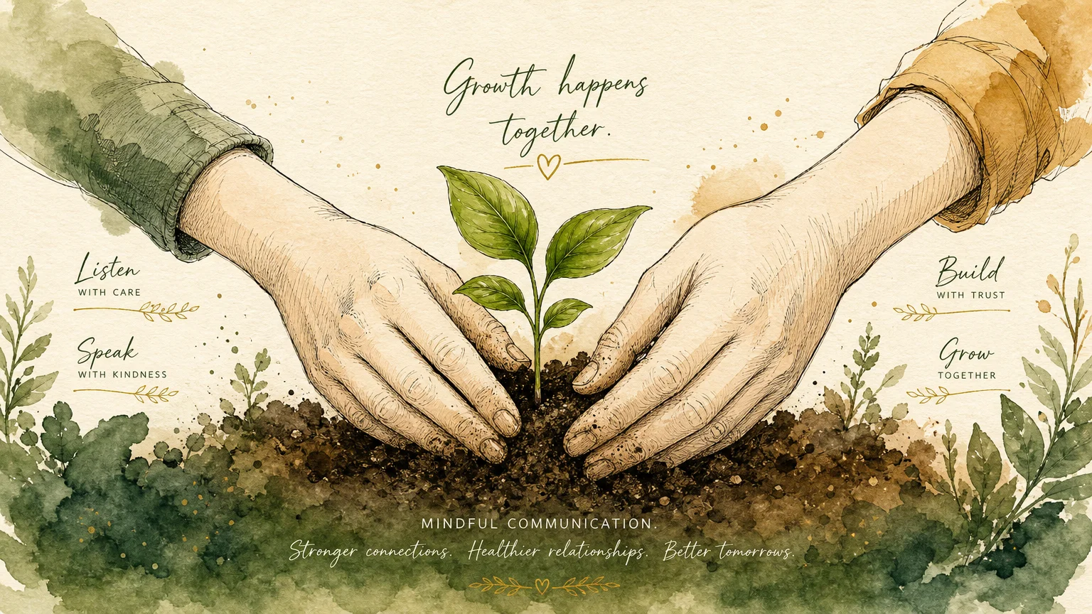 An ink and watercolor illustration of two hands planting a green seedling together, symbolizing new beginnings and growth.