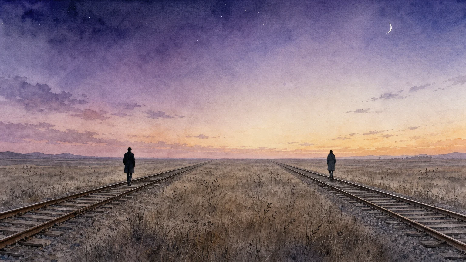 An ink and watercolor illustration of two parallel train tracks in a twilight field, with a lone person walking on each track.