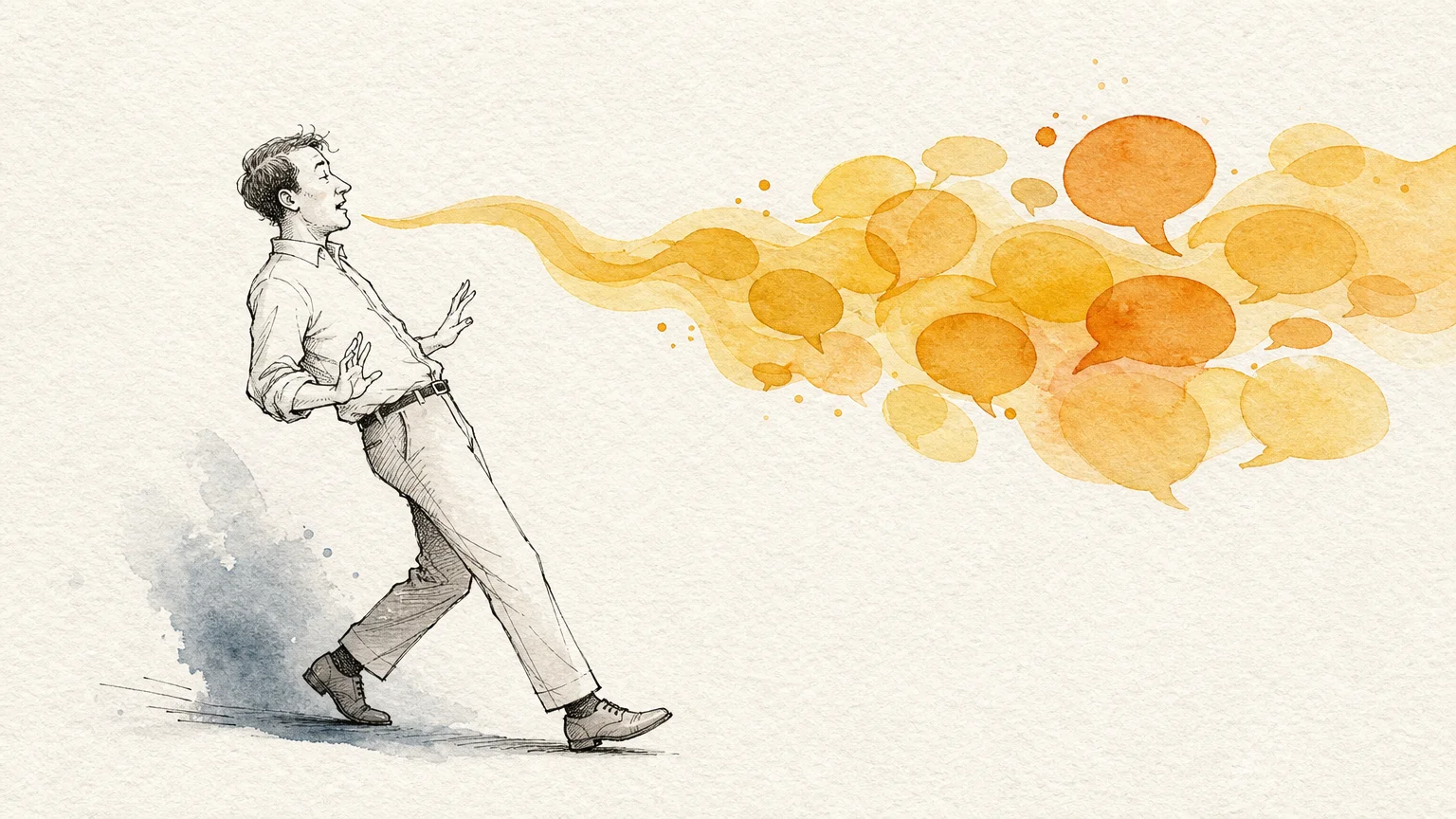 An ink and watercolor illustration showing speech bubbles moving forward while the speaker's body pulls back, showing mismatch.