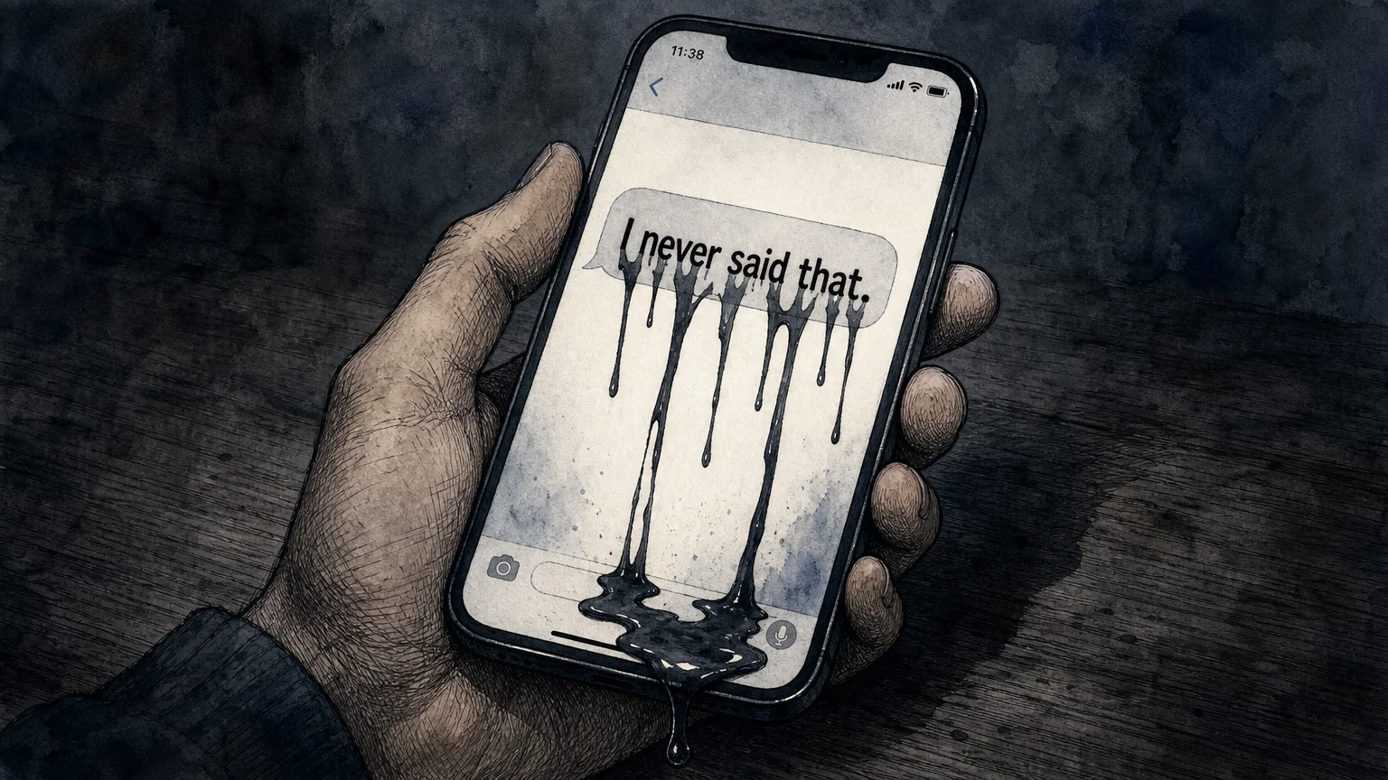 An ink illustration of a smartphone displaying the text 'I never said that' with the letters melting and dripping down the screen.