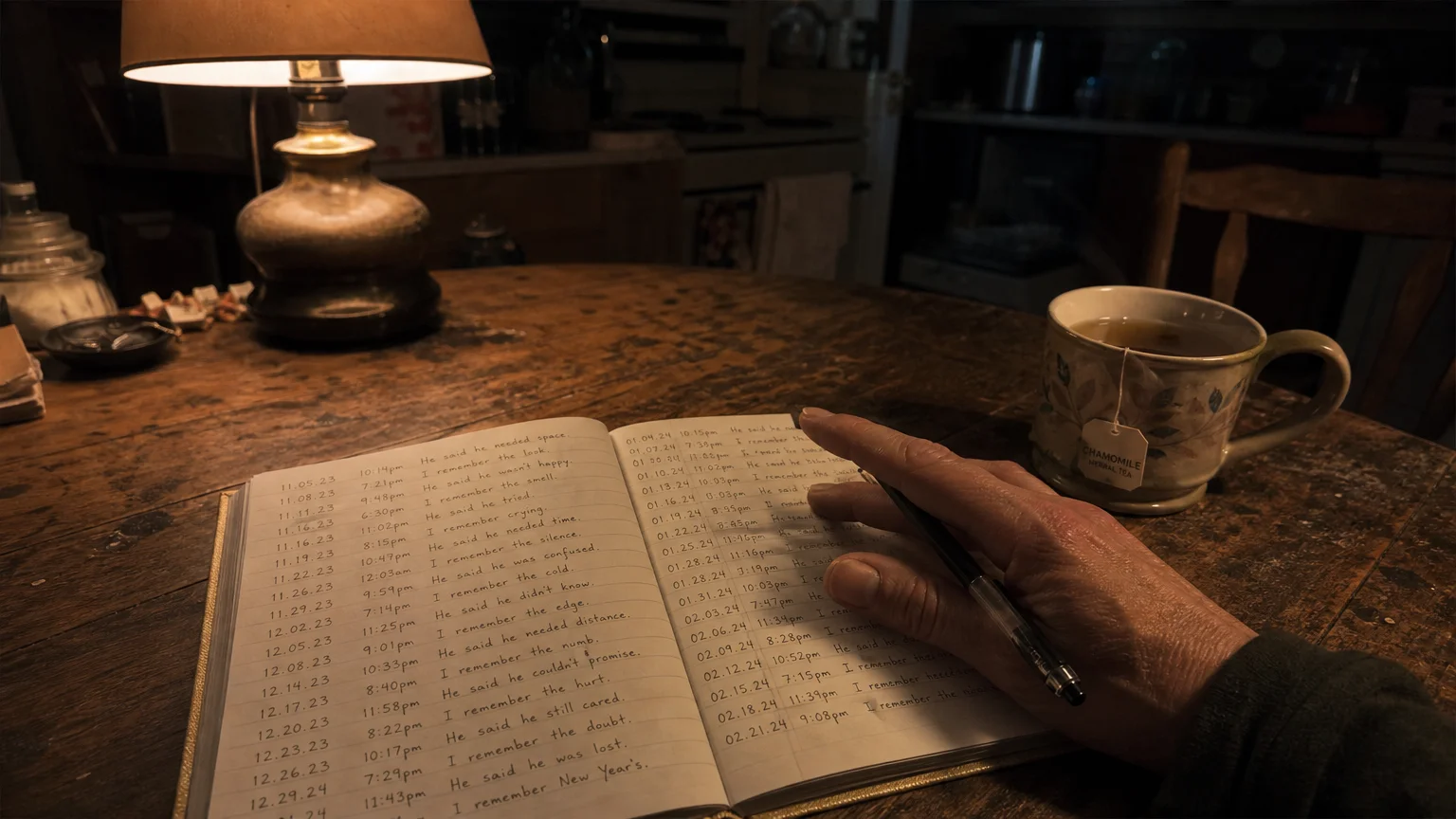 An intimate, late-night view of a person's hand writing timelines in a notebook under a desk lamp next to a mug of tea.