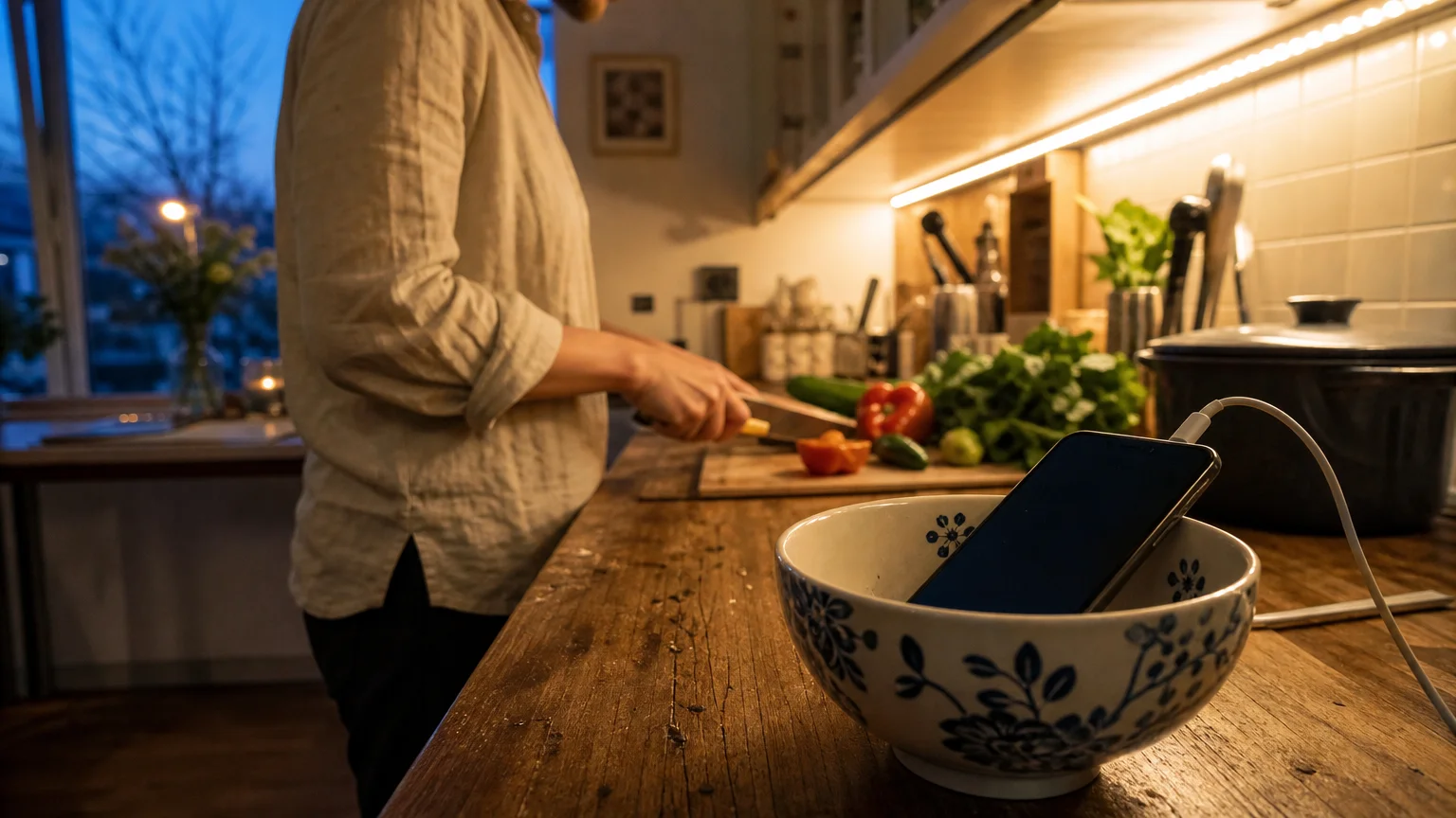 An iPhone photo of a smartphone charging in a bowl on a kitchen counter while a person cooks in the background.