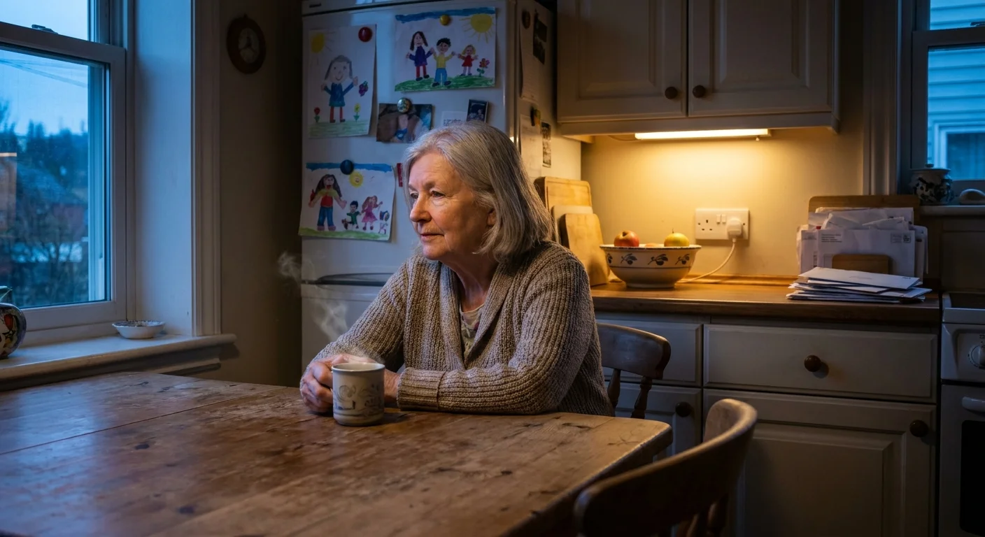 An older woman sitting alone at a wooden kitchen table at twilight, looking out the window thoughtfully.