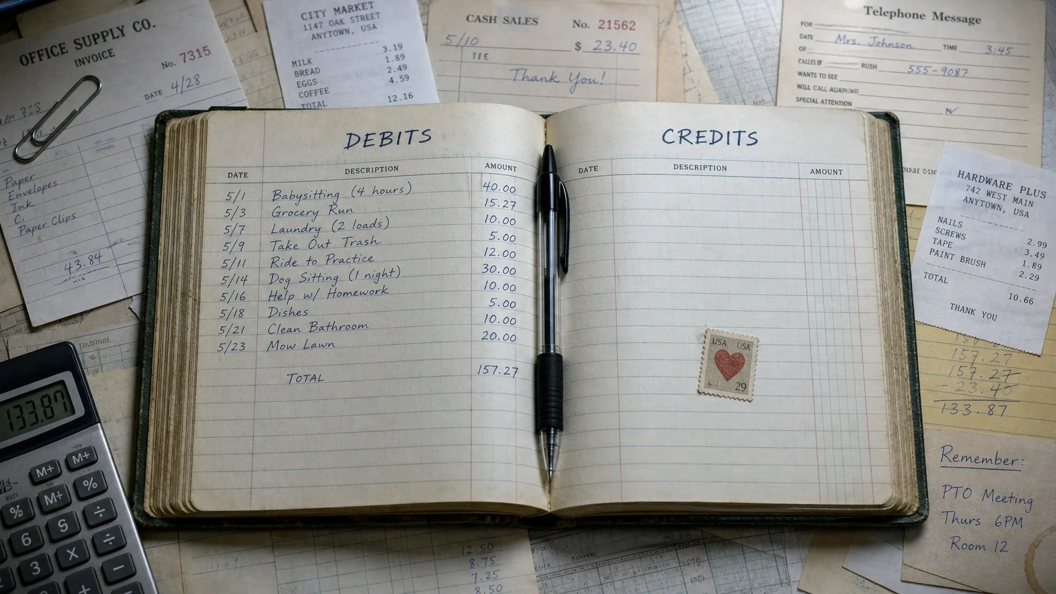An open ledger book showing a list of chores like 'Babysitting' under debits and a tiny heart under credits.