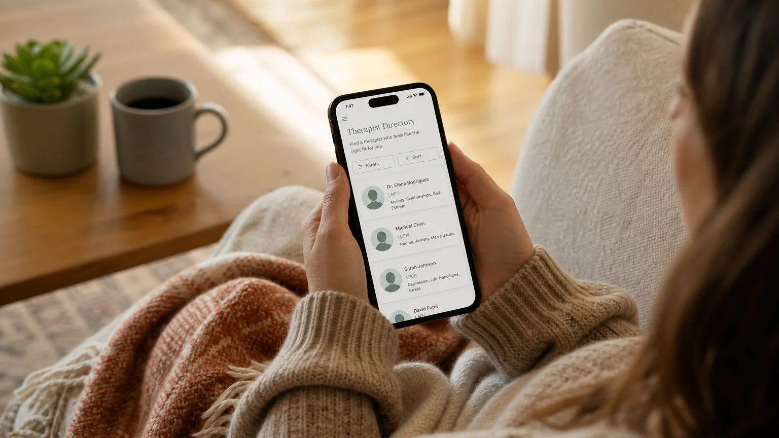 An over-the-shoulder shot of a person using a smartphone to look at a therapist directory in a cozy, warm living room.