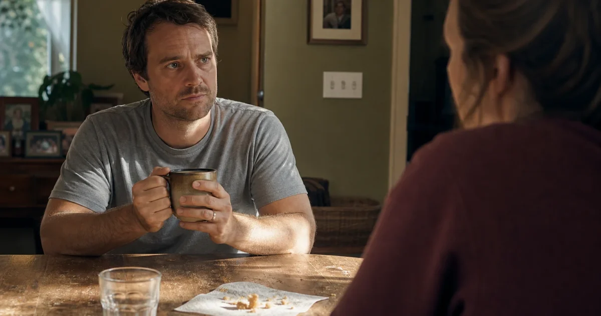 An unposed photo of a man sitting at a kitchen table looking slightly guarded during a quiet, intimate conversation.