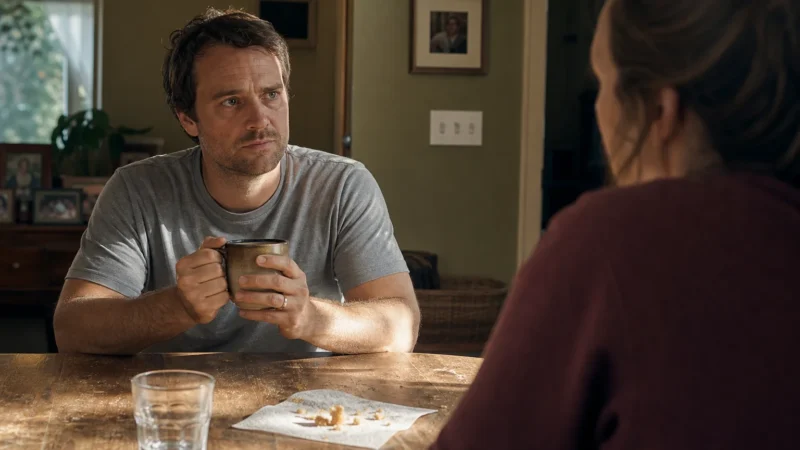 An unposed photo of a man sitting at a kitchen table looking slightly guarded during a quiet, intimate conversation.