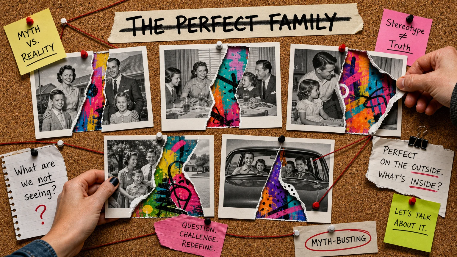 Black and white photos of a 'perfect family' being torn apart to reveal colorful abstract art underneath.