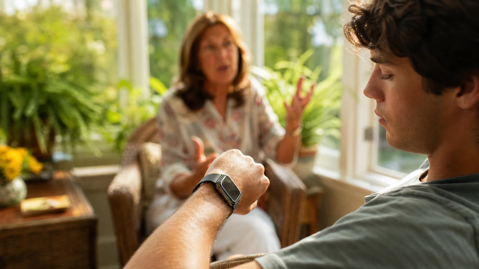 Close-up of a man checking his smartwatch while his mother talks in the blurred background of a sunny room.