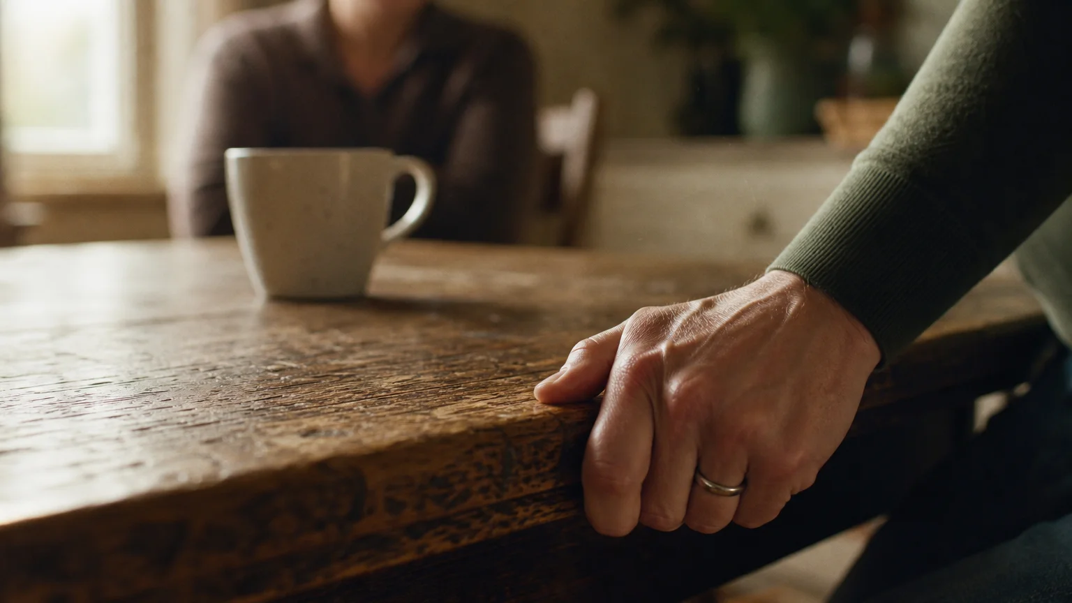 Close-up photograph of a person's hands tightly gripping a wooden table, showing white knuckles from tension.