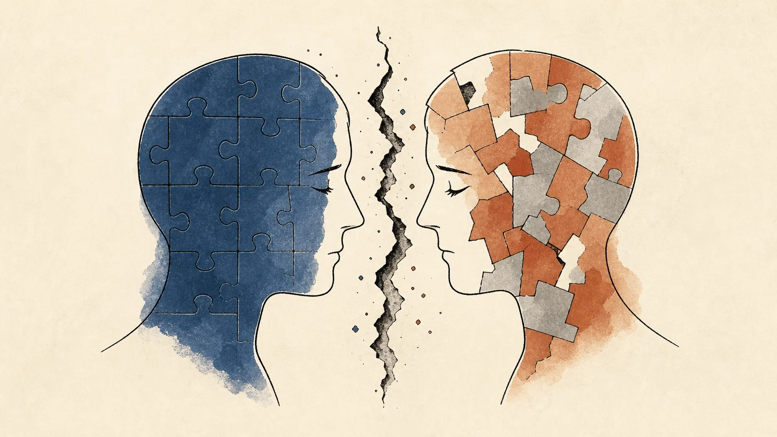 Editorial illustration of a split head silhouette representing the cognitive dissonance between self-image and accepting a mistake.
