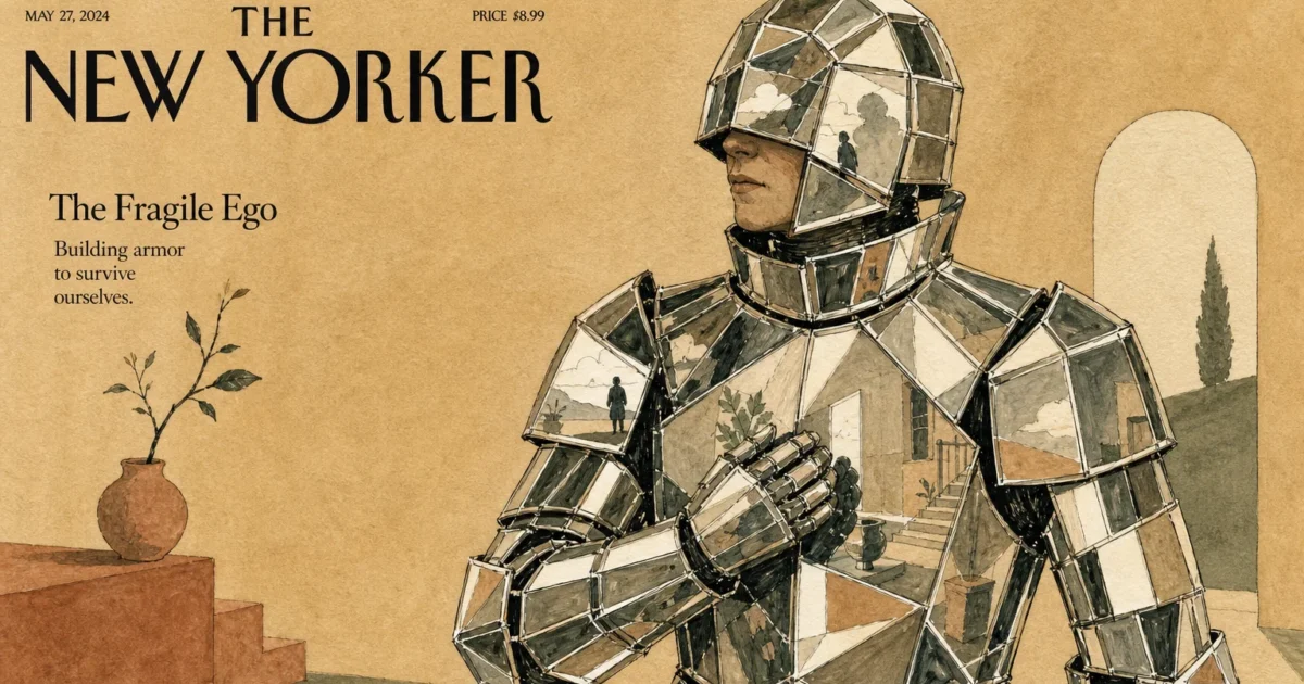 Editorial ink and watercolor illustration of a person wearing a suit of mirrors as protective armor, symbolizing defensive ego preservation.