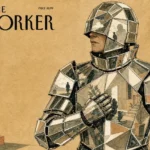 Editorial ink and watercolor illustration of a person wearing a suit of mirrors as protective armor, symbolizing defensive ego preservation.