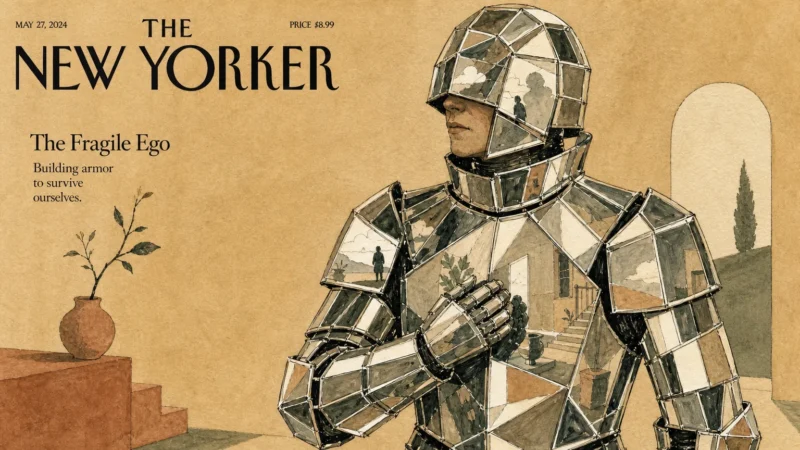 Editorial ink and watercolor illustration of a person wearing a suit of mirrors as protective armor, symbolizing defensive ego preservation.
