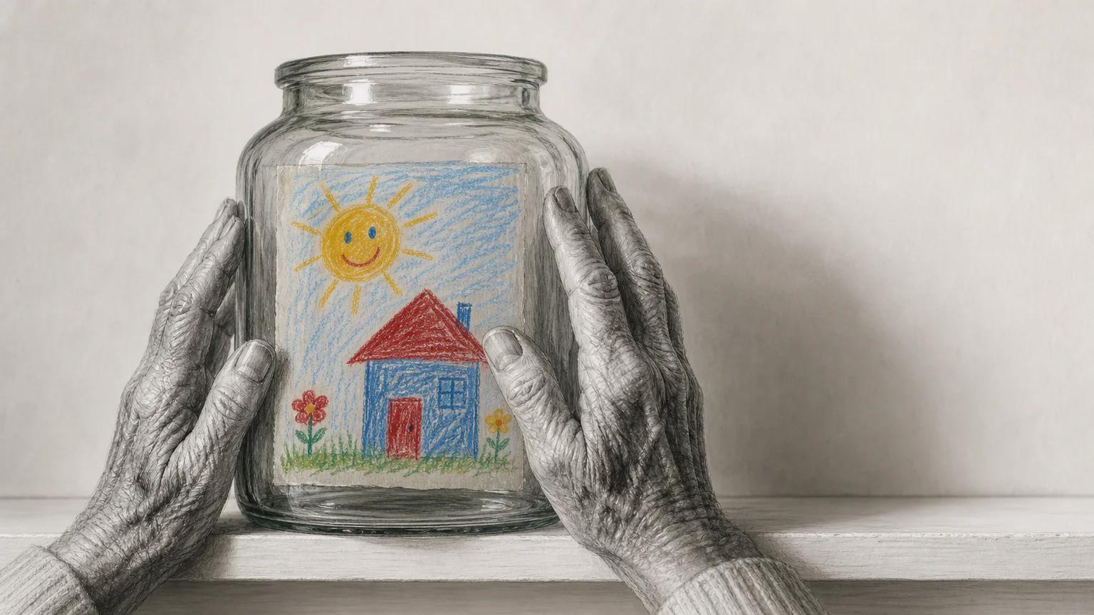 Elderly hands pressed against a glass jar that contains a child's colorful crayon drawing.