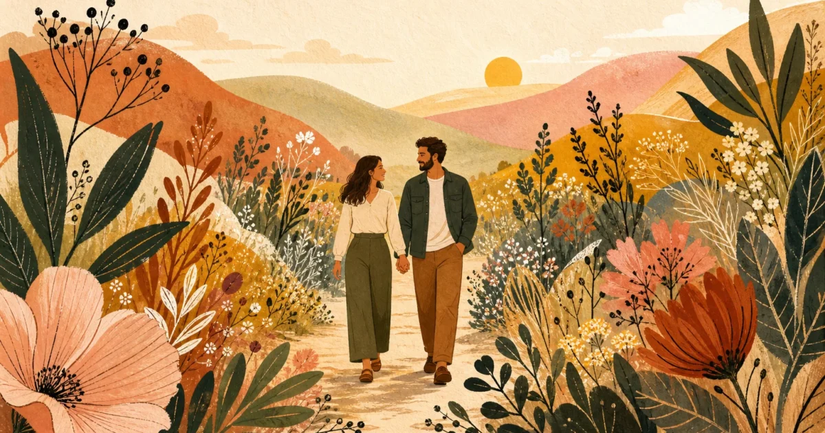 Gouache illustration of a couple walking hand-in-hand through a vibrant landscape of overlapping colorful plants and abstract shapes.