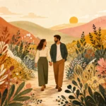 Gouache illustration of a couple walking hand-in-hand through a vibrant landscape of overlapping colorful plants and abstract shapes.