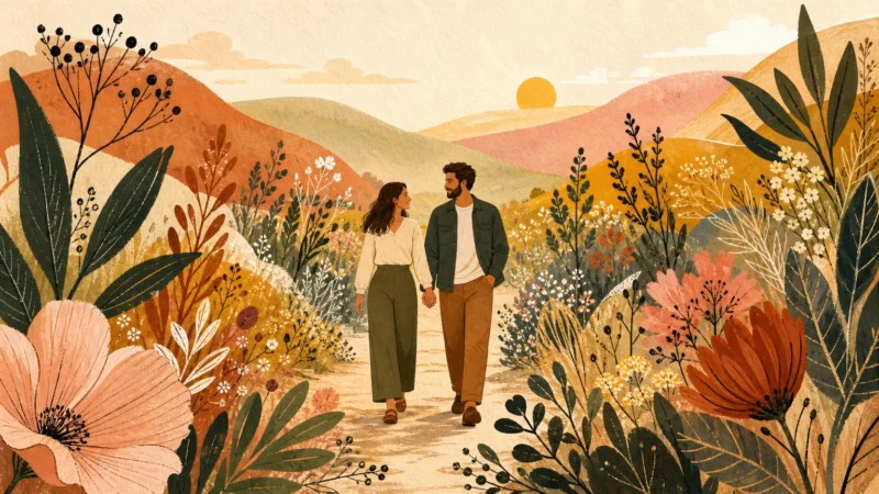 Gouache illustration of a couple walking hand-in-hand through a vibrant landscape of overlapping colorful plants and abstract shapes.