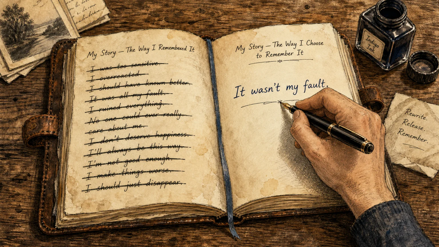 Illustration of a hand crossing out words in a journal and writing 'It wasn't my fault' on the opposite page.